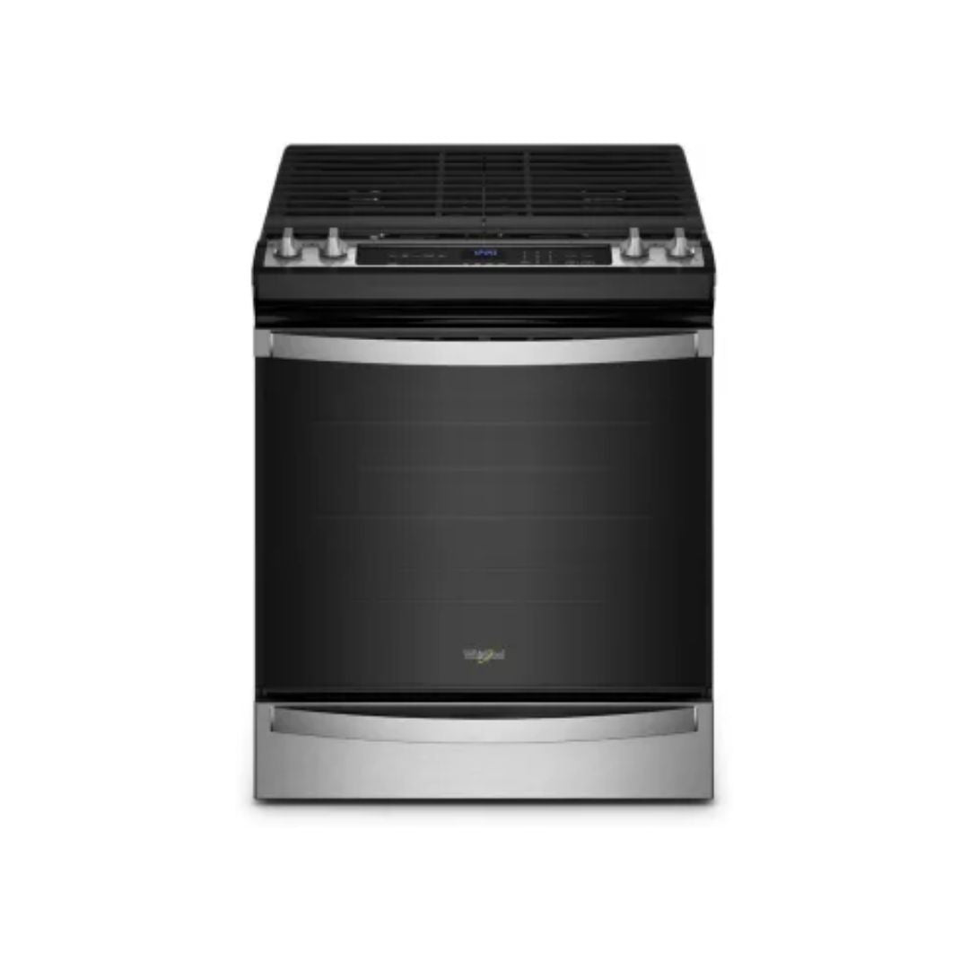 Cocina a Gas con Horno 5 Hornillas 30" Acero + Air Fryer y Convección (perillas superiores) Whirlpool