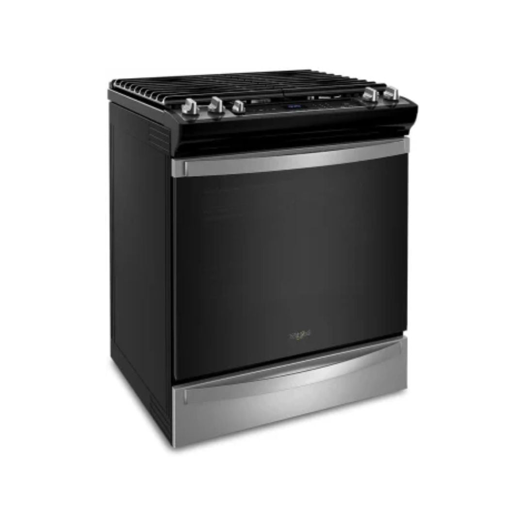 Cocina a Gas con Horno 5 Hornillas 30" Acero + Air Fryer y Convección (perillas superiores) Whirlpool