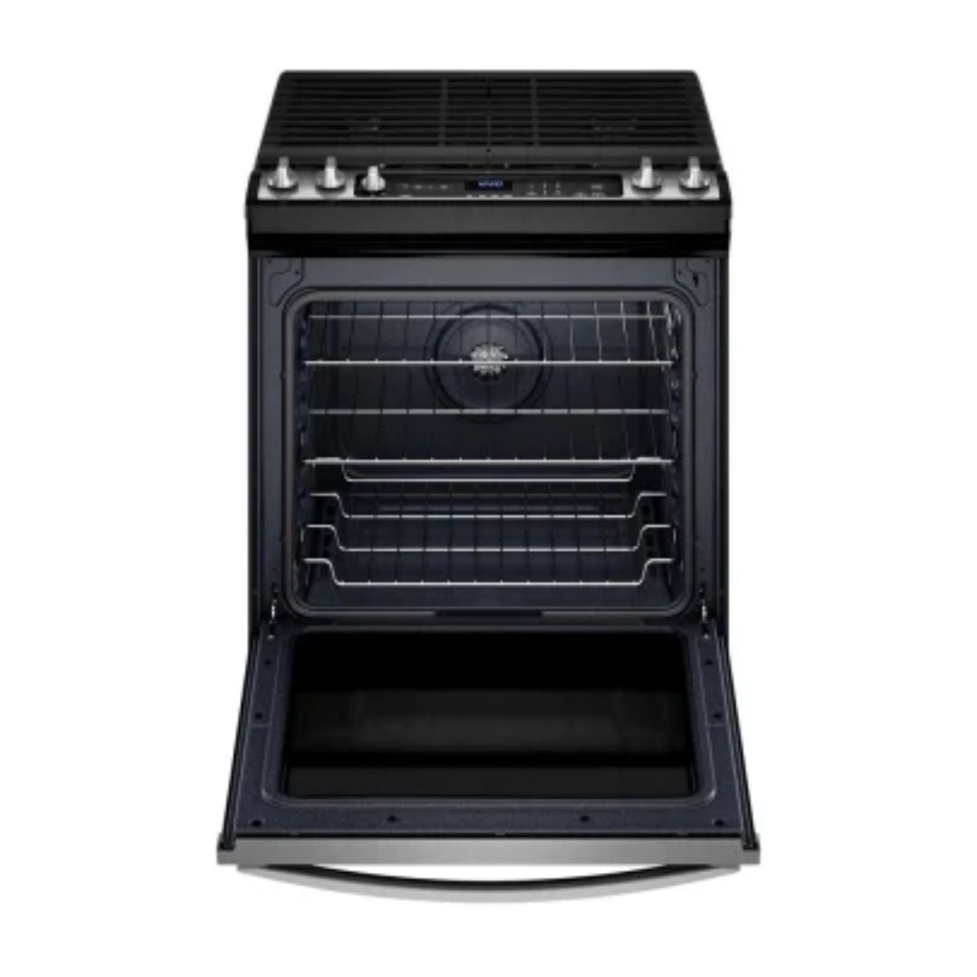 Cocina a Gas con Horno 5 Hornillas 30" Acero + Air Fryer y Convección (perillas superiores) Whirlpool