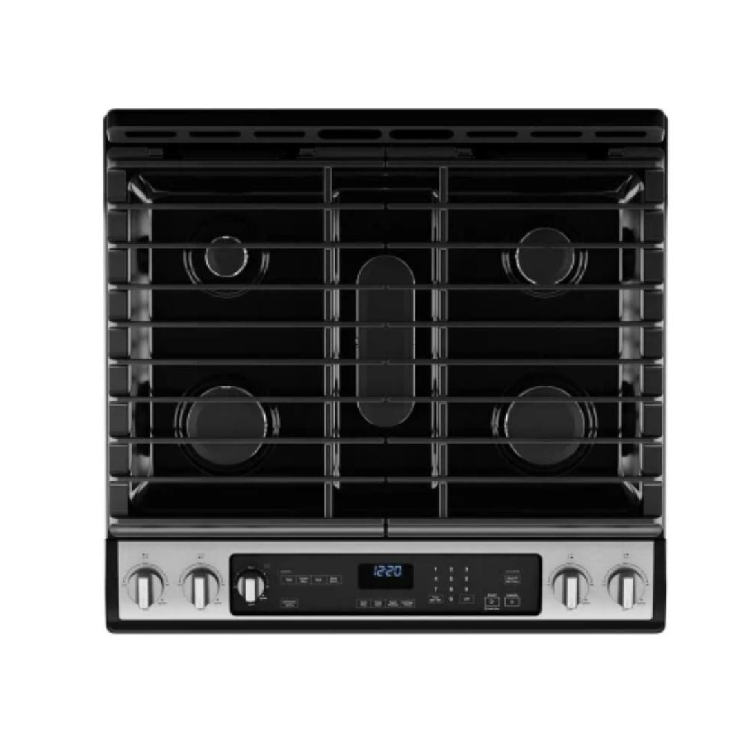 Cocina a Gas con Horno 5 Hornillas 30" Acero + Air Fryer y Convección (perillas superiores) Whirlpool