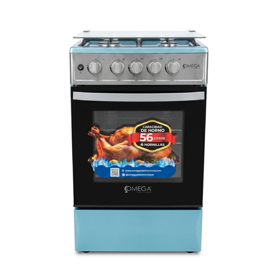 Cocina a Gas 4H Encendido Eléctrico Tapa de Vidrio Acero Inox Omega