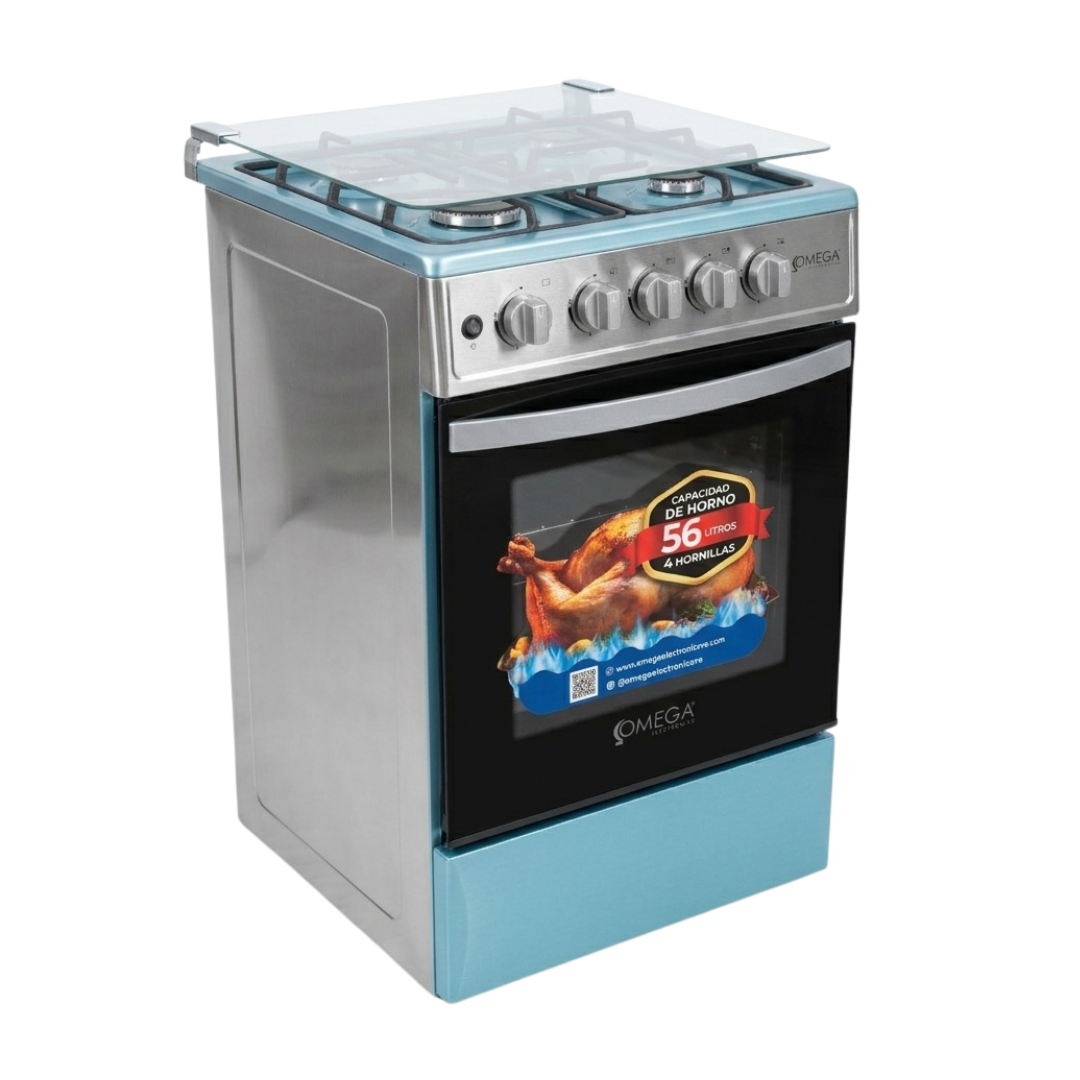 Cocina a Gas 4H Encendido Eléctrico Tapa de Vidrio Acero Inox Omega