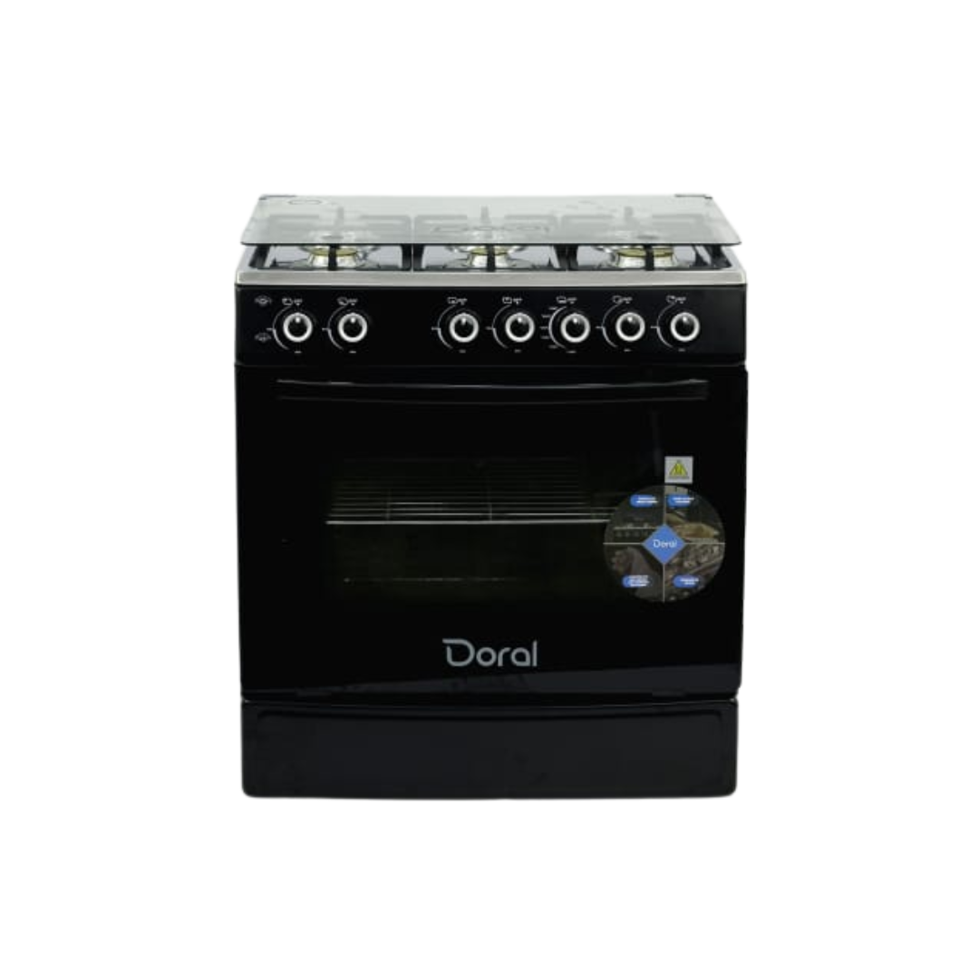 Cocina a Gas 6 Hornilla Tapa de Vidrio Encendido Eléctrico Con Luz En El horno Negra Doral Moscu