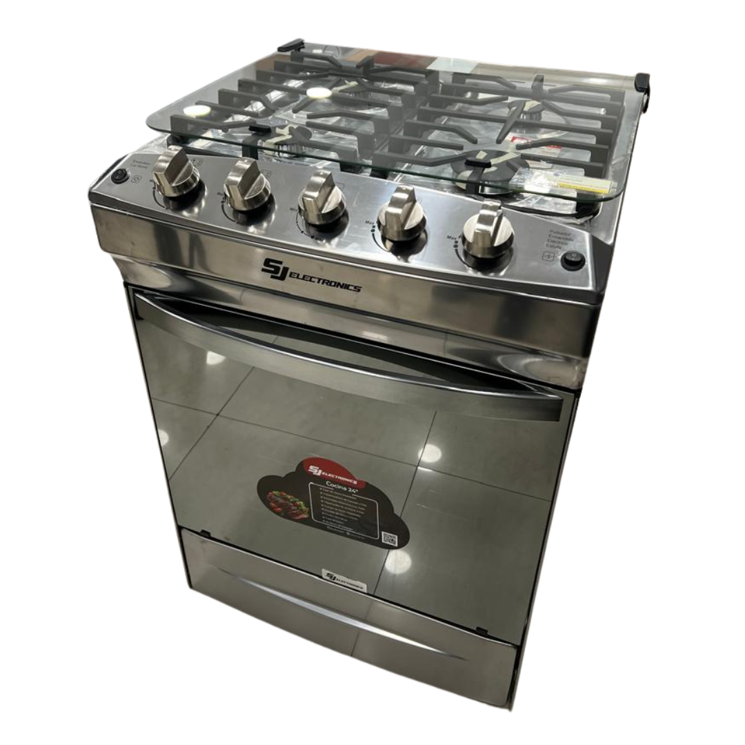 Cocina a Gas 4 Hornillas 24" Acero Inoxidable Tapa de Vidrio Con Encendido Eléctrico SJ