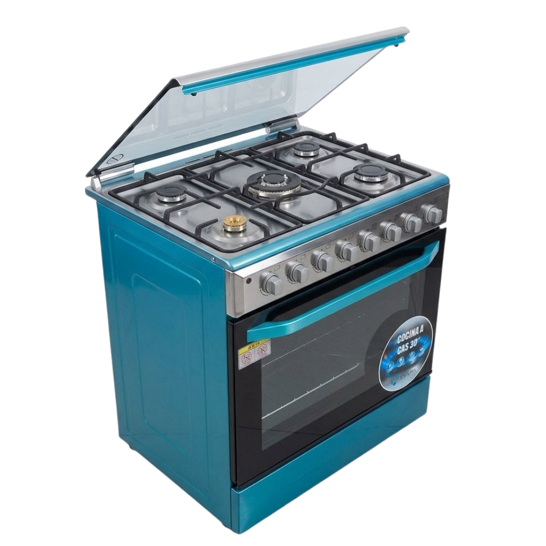 Cocina a Gas 5 Hornillas Tapa de Vidrio + Encendido Acero Inoxidable Esfera