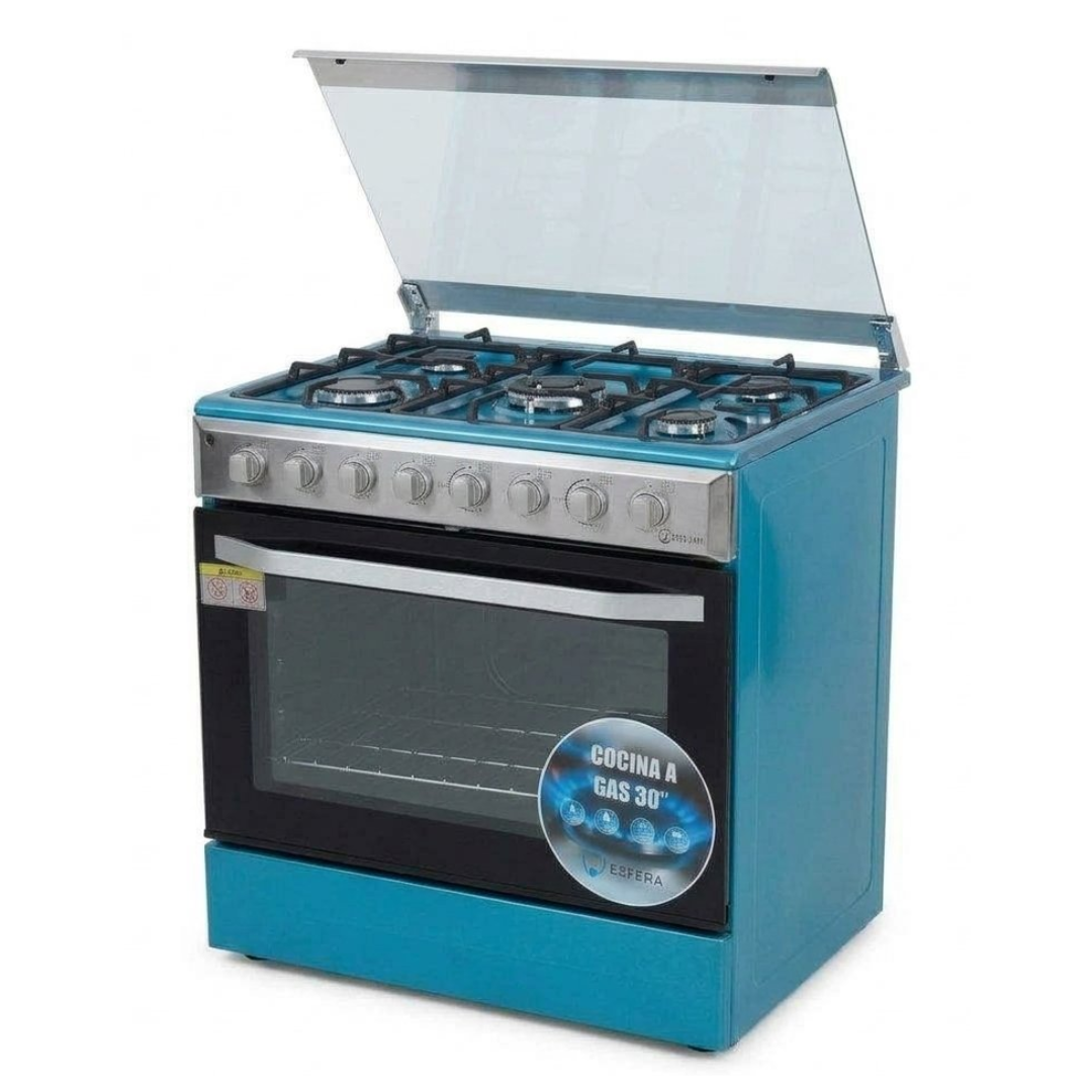 Cocina a Gas 5 Hornillas Tapa de Vidrio + Encendido Acero Inoxidable Esfera