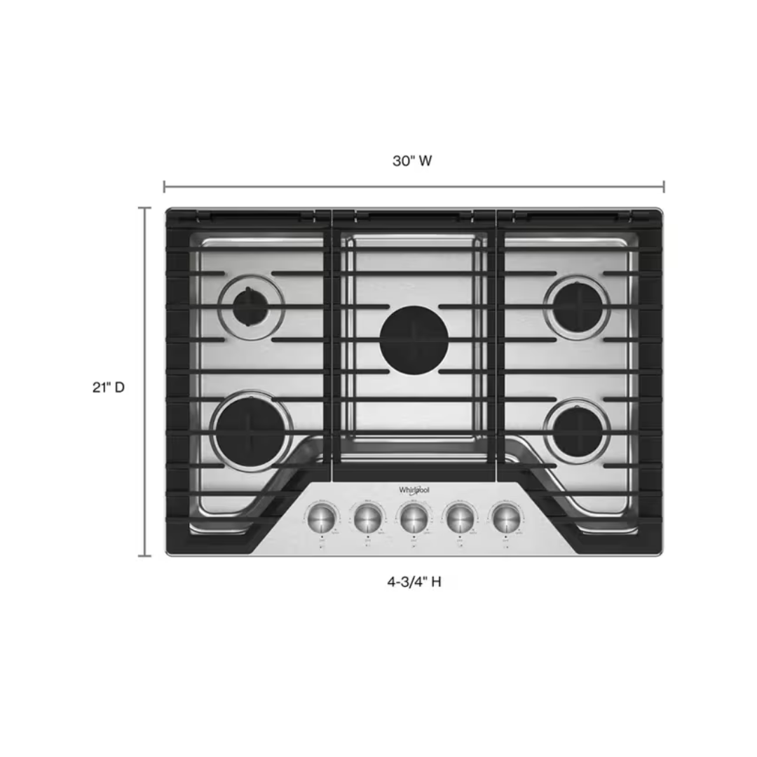 Tope a Gas 5 Hornillas 30" Acero Inoxidable CON EZ-2-Lift™ Whirlpool