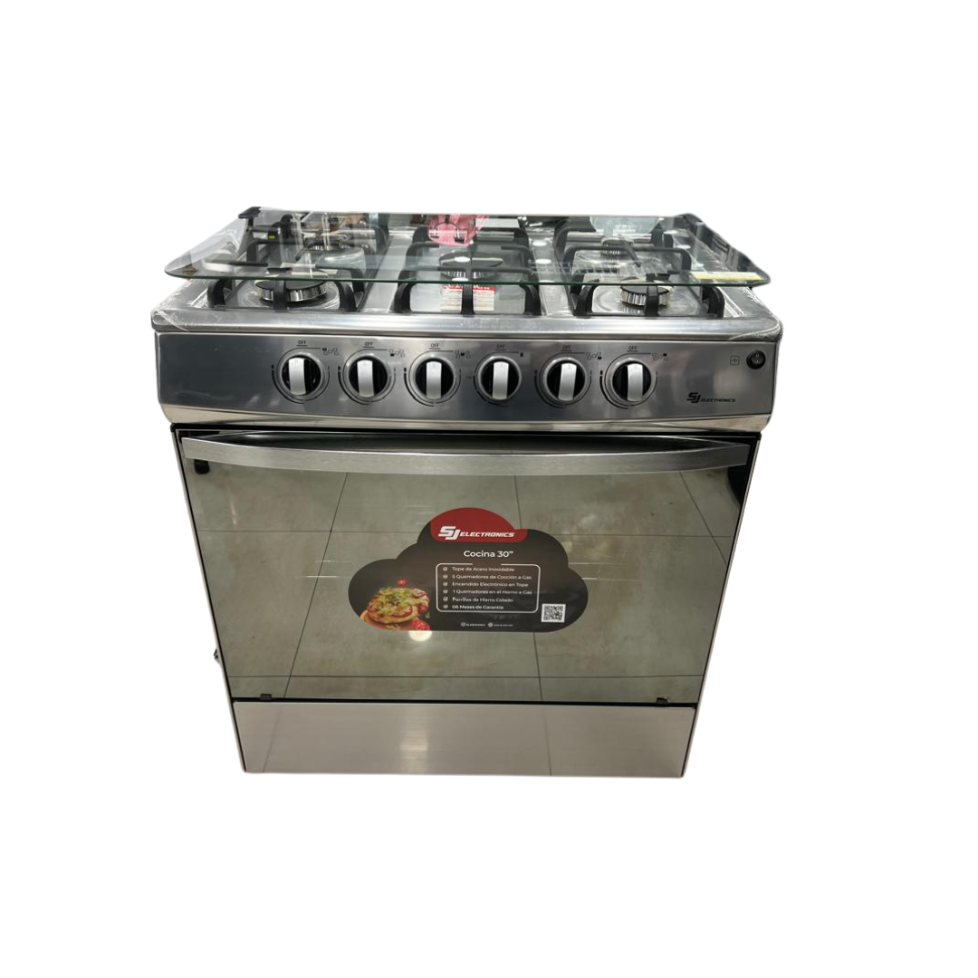 Cocina a Gas 6 Hornillas Tapa de Vidrio 30" Con Encendido Eléctrico Acero Inoxidable SJ