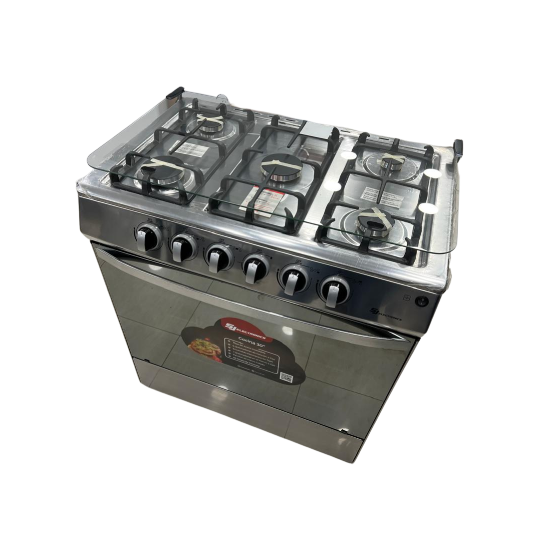 Cocina a Gas 6 Hornillas Tapa de Vidrio 30" Con Encendido Eléctrico Acero Inoxidable SJ