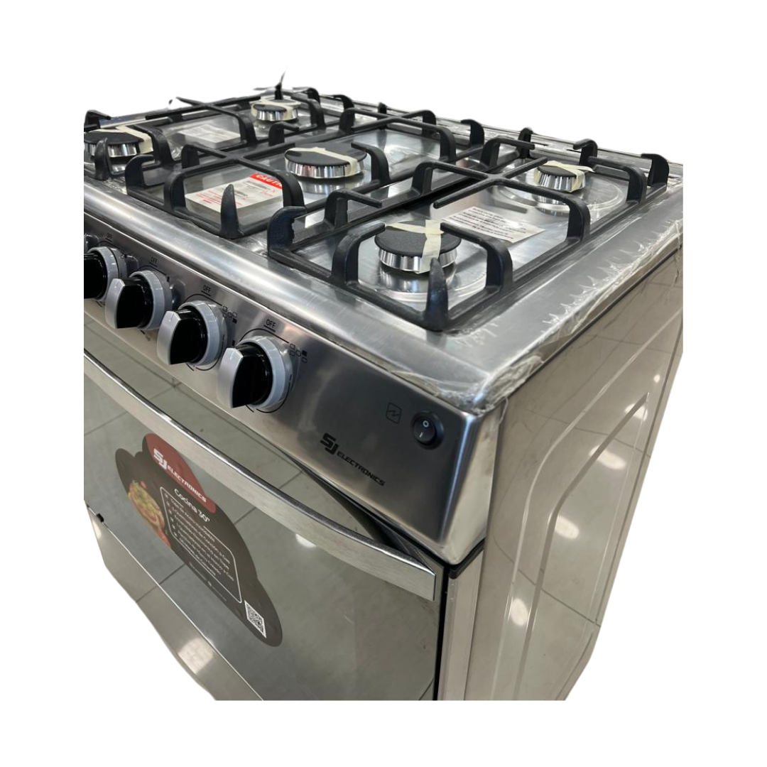 Cocina a Gas 6 Hornillas Tapa de Vidrio 30" Con Encendido Eléctrico Acero Inoxidable SJ