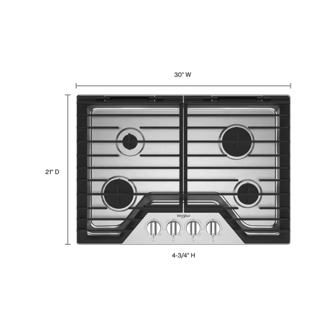 Tope a Gas 4 Hornillas 30" Acero Inoxidable CON EZ-2-Lift™ Whirlpool