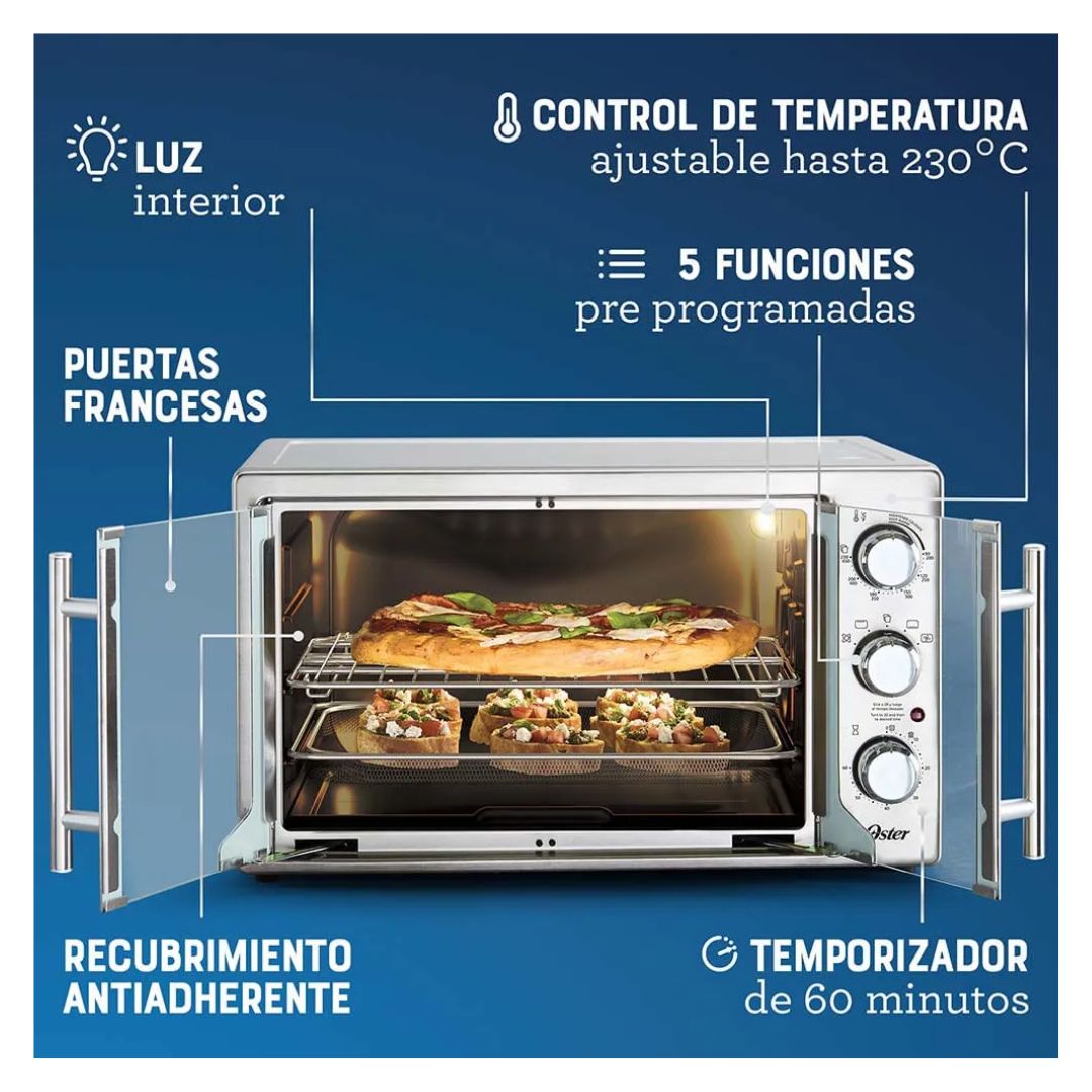Horno Extra Grande Puertas Estilo Francés con Freidora de Aire y Recubrimiento Interno Antiadherente Oster®