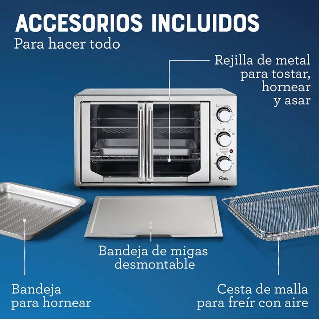 Horno Extra Grande Puertas Estilo Francés con Freidora de Aire y Recubrimiento Interno Antiadherente Oster®