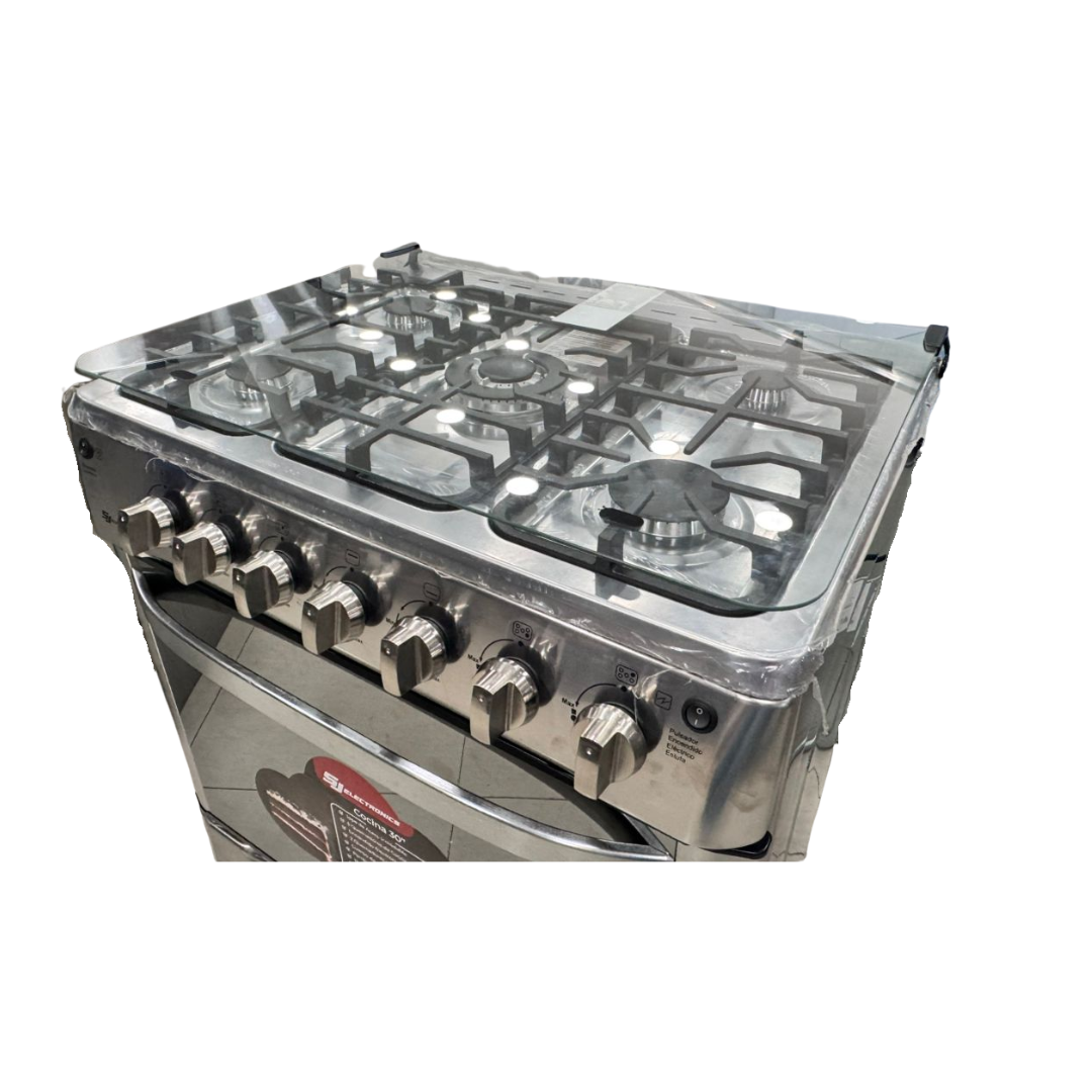 Cocina 30" Acero Inoxidable Tapa de Vidrio +Encendido Eléctrico Con Gratinador SJ