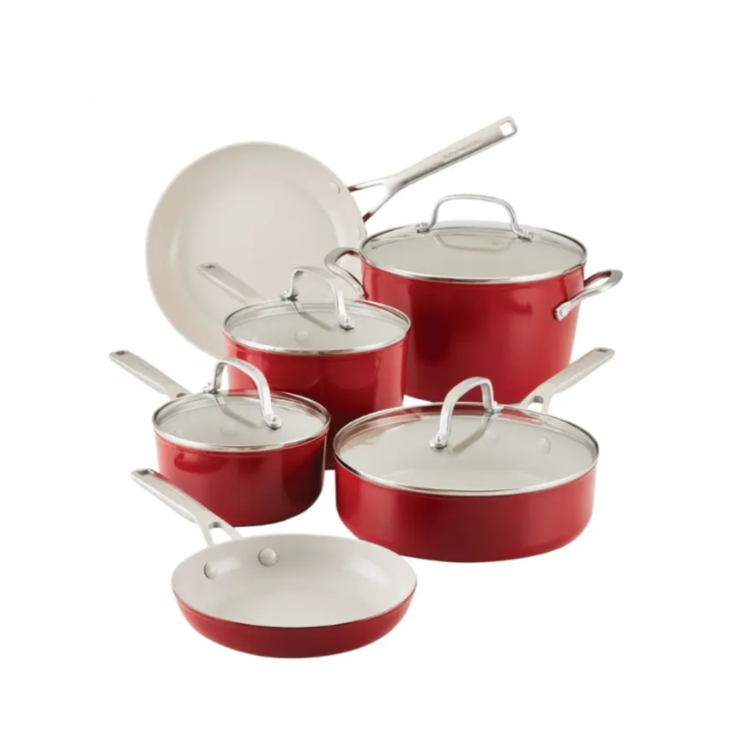 Juego de Ollas 10 Piezas Tapas de Vidrios de Cerámicas Anodizado Rojo Mate Kitchenaid