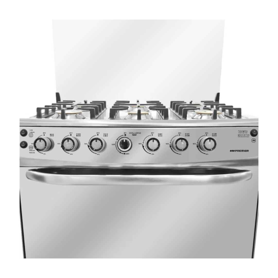 Cocina a Gas de 30″ 6 Hornillas Tapa de Vidrio Acero Inoxidable Con Asador Premier