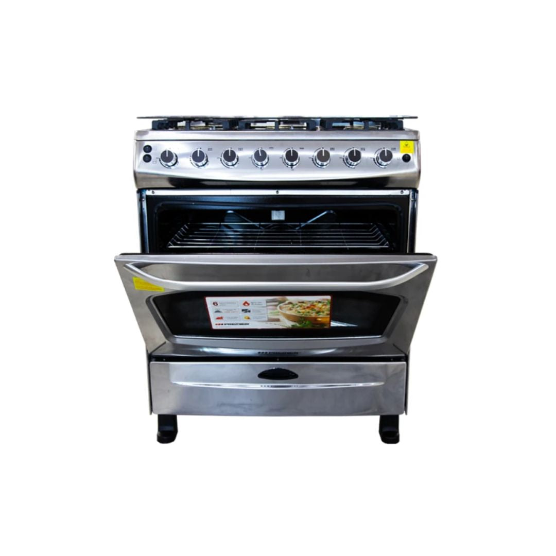 Cocina a Gas 30" 6 Hornillas con Horno Encendido Eléctrico  Acero Premier