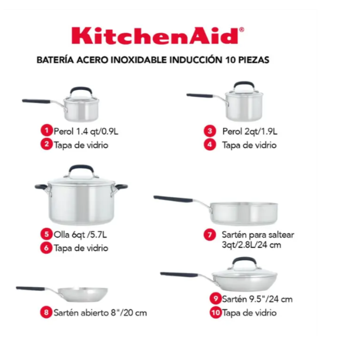 Juego de ollas 10 Piezas Acero Inoxidable Plateado Kitchenaid