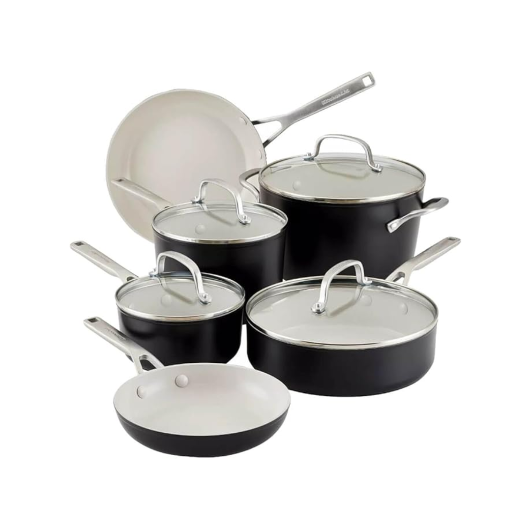 Juego de Ollas 10 Piezas Tapa de Vidrio  de Cerámicas Anodizado Negro Mate Kitchenaid