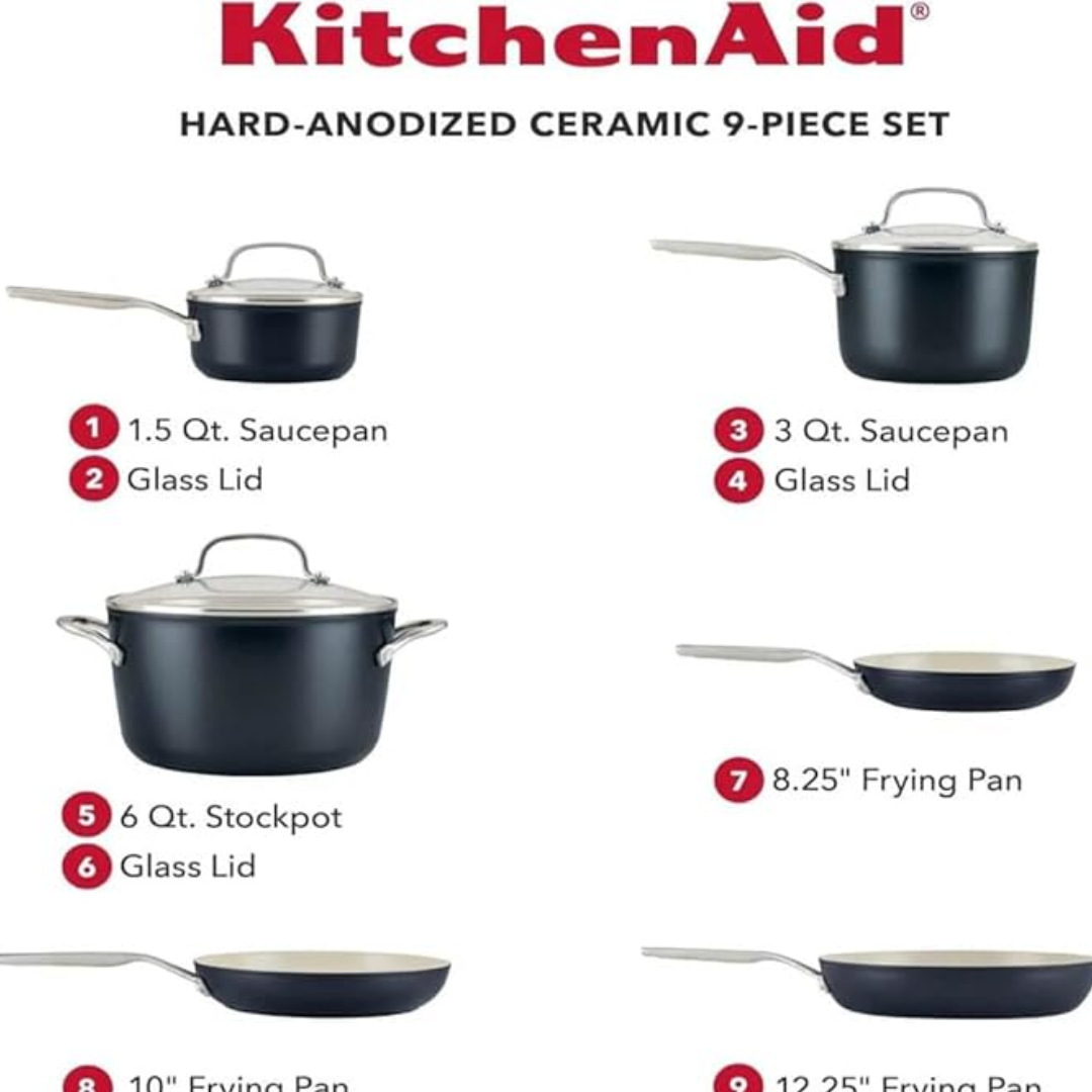 Juego de Ollas 10 Piezas Tapa de Vidrio  de Cerámicas Anodizado Negro Mate Kitchenaid