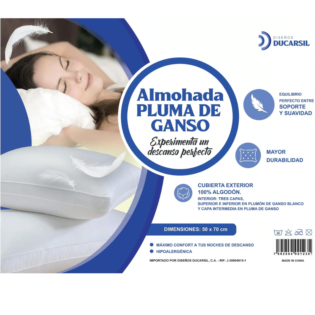 Almohada de Pluma de Ganso Deluxe Con Capa Intermedia Fibra Sintética 50x70 Ducarsil