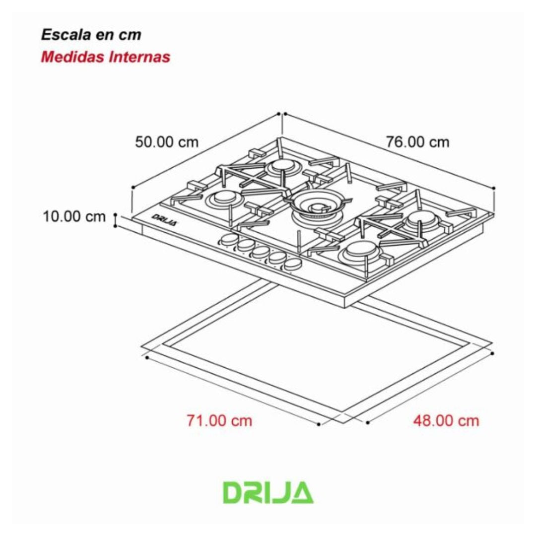 Tope a Gas 5 Hornillas Acero Inox 76 cm Pro Drija