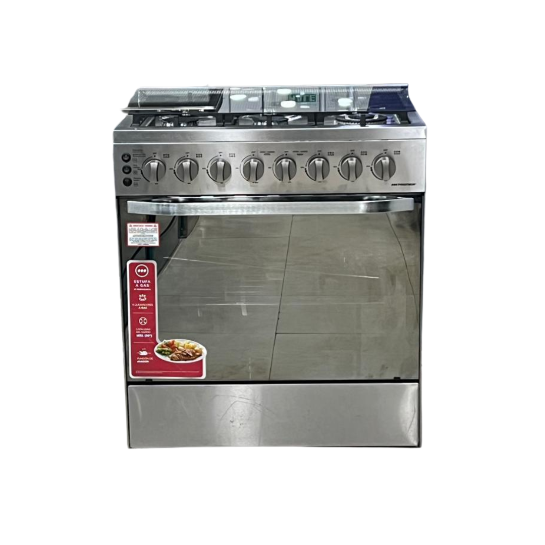 Cocina a Gas 6 Hornillas 30" Con Gratinador Encendido Eléctrico Tapa de Vidrio Acero Inoxidable Premier