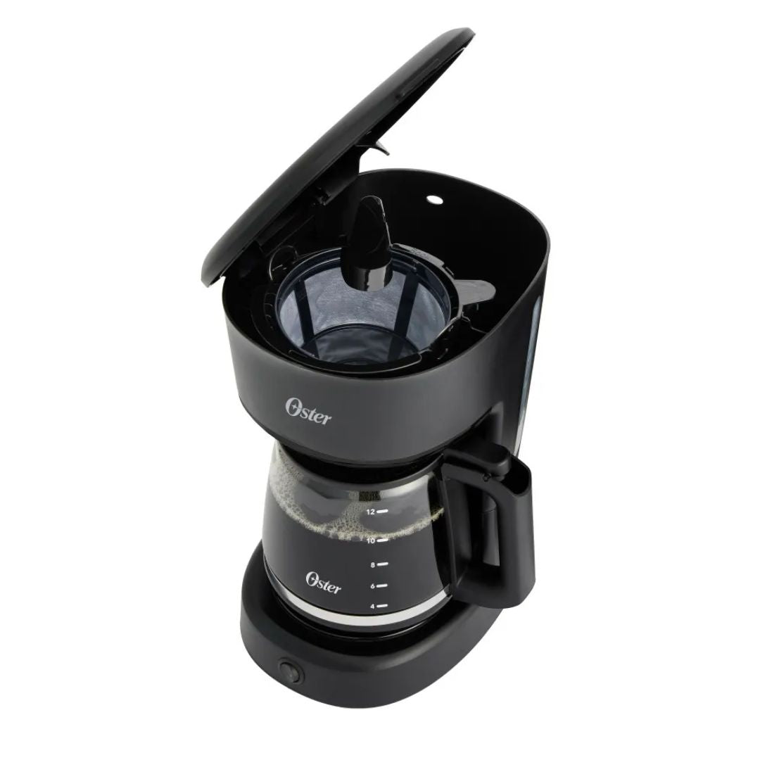 Cafetera de 12 Tazas Con Filtro Reutilizable Botón Luz Encendido y Apagado Función Pausa y Servir Ventanilla de Agua Negro Oster