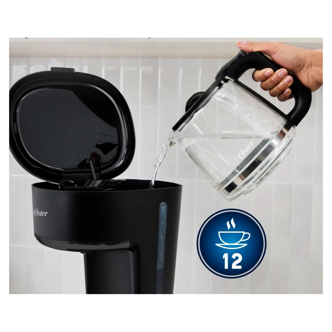 Cafetera de 12 Tazas Con Filtro Reutilizable Botón Luz Encendido y Apagado Función Pausa y Servir Ventanilla de Agua Negro Oster