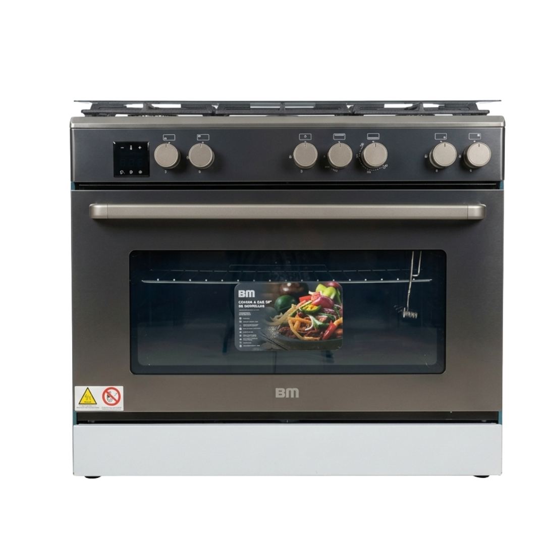 Cocina a Gas 35" 5 Hornillas Acero, ENC, LUZ, Gratinador BM
