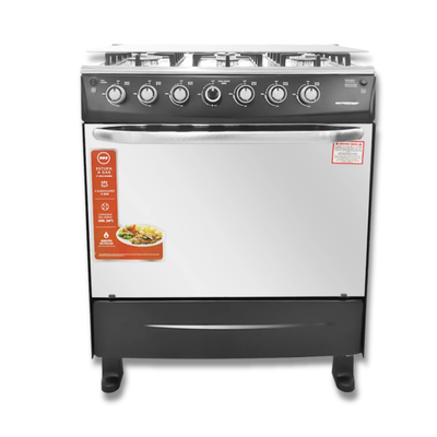 Cocina a Gas 6 Hornillas Tapa de Vidrio Eléctrico + Luz en el Horno Negro Premier