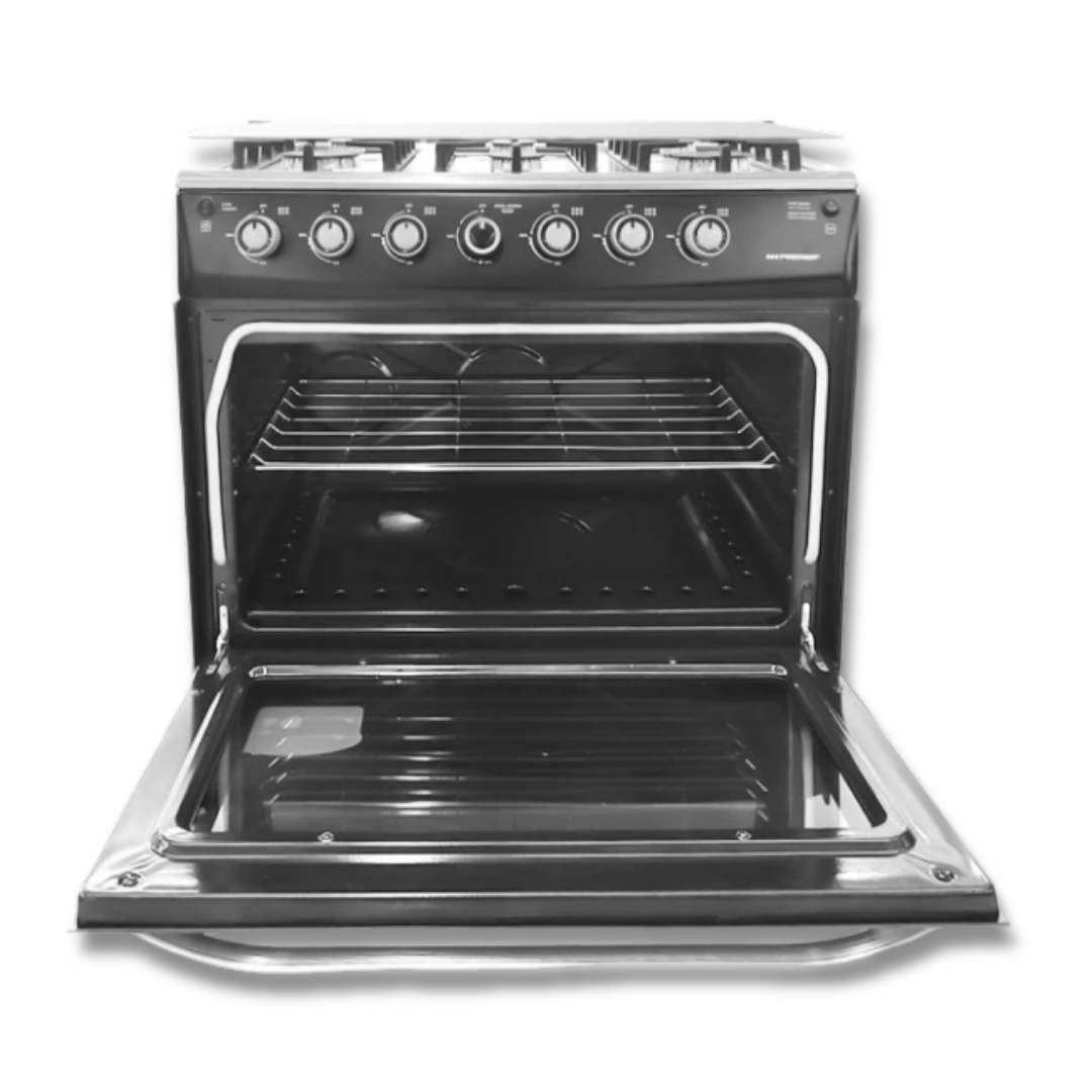 Cocina a Gas 6 Hornillas Tapa de Vidrio Eléctrico + Luz en el Horno Negro Premier