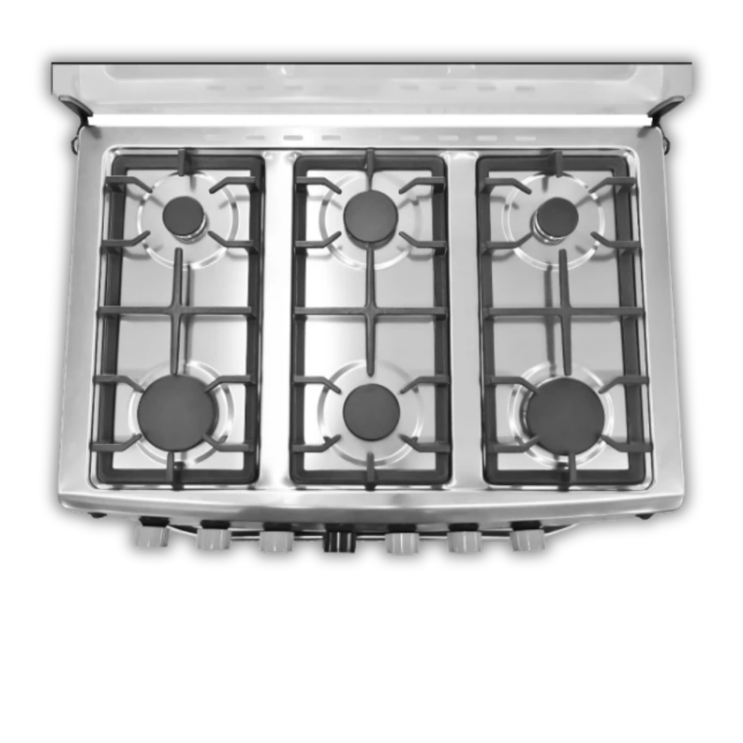 Cocina a Gas 6 Hornillas Tapa de Vidrio Eléctrico + Luz en el Horno Negro Premier