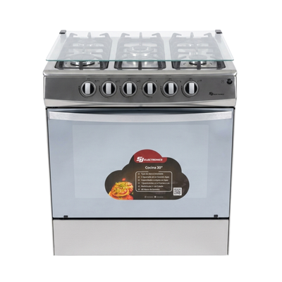 Cocina a Gas 5H Tapa de Vidrio 30" Con Encendido Eléctrico Acero Inoxidable SJ