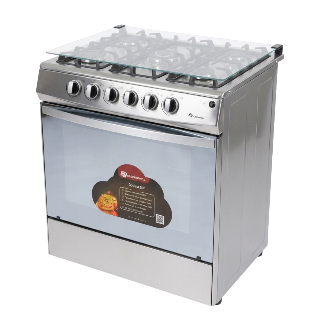 Cocina a Gas 5H Tapa de Vidrio 30" Con Encendido Eléctrico Acero Inoxidable SJ