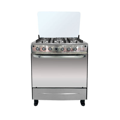 Cocina a Gas 6 Hornillas Tapa de Vidrio Eléctrico + Luz en el Horno Acero Premier