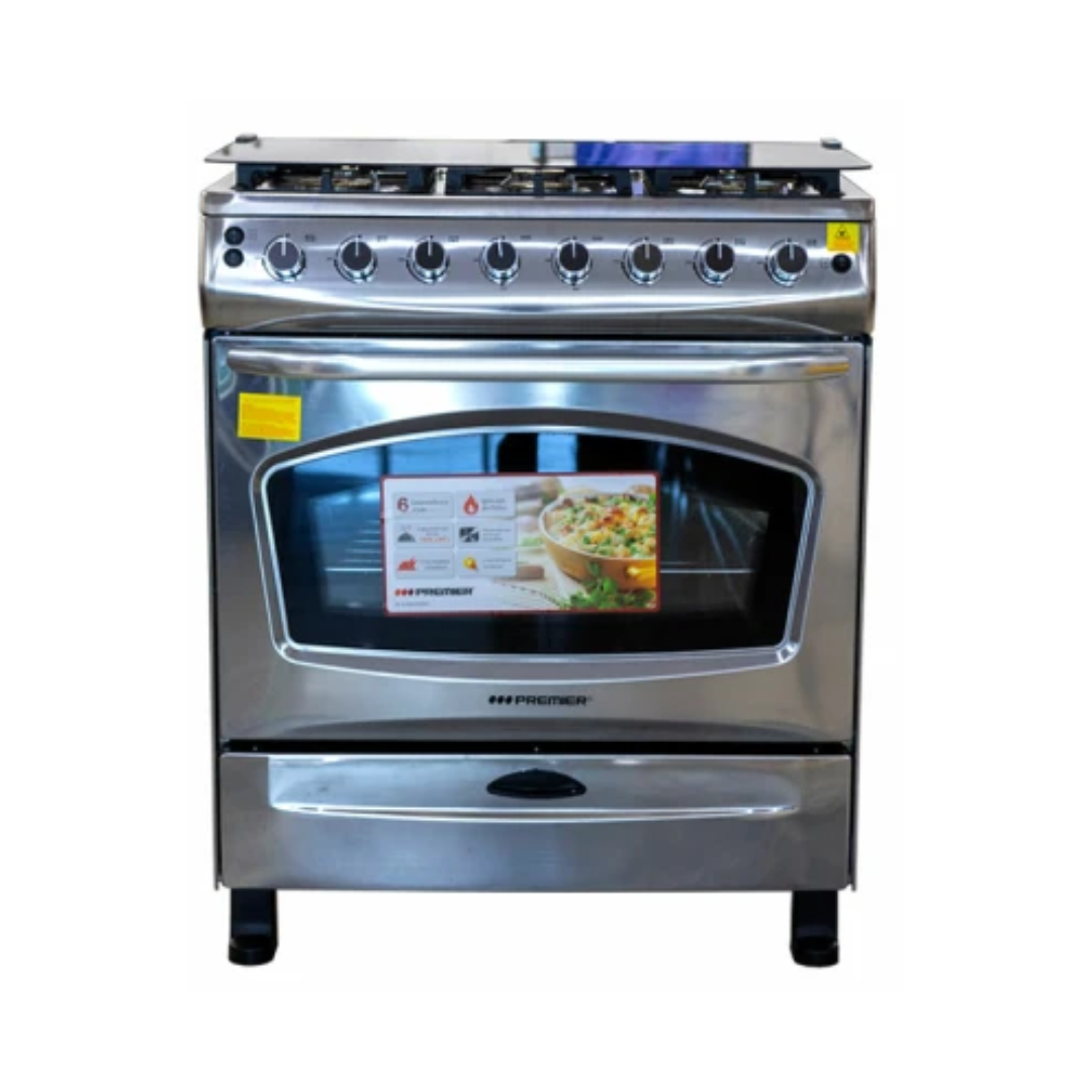 Cocina a Gas de 30″ 6 H T/Vidrio Acero Inoxidable Con Gratinador y Girasador Premier