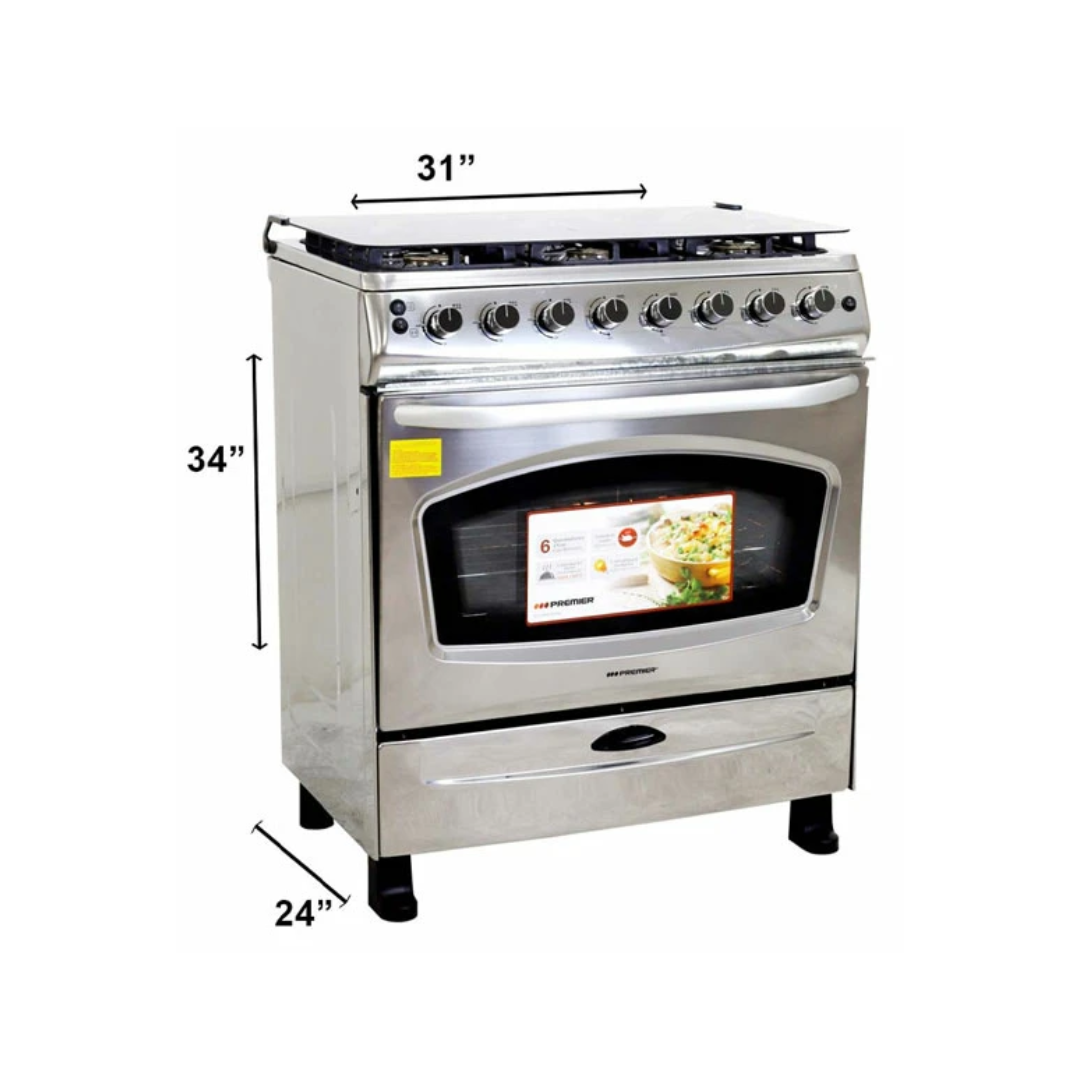 Cocina a Gas de 30″ 6 H T/Vidrio Acero Inoxidable Con Gratinador y Girasador Premier