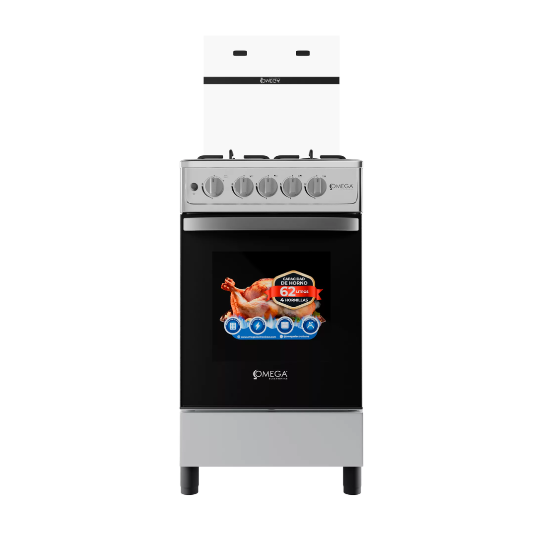 Cocina 4H Con Tapa de Vidrio a Gas 20" + Encendido Electrico Gris Omega