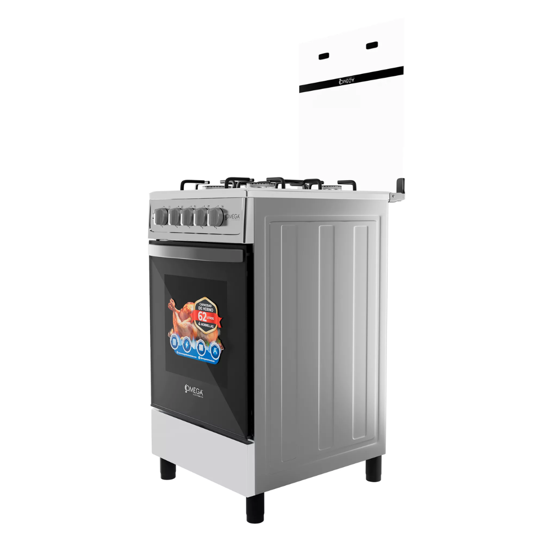 Cocina 4H Con Tapa de Vidrio a Gas 20" + Encendido Electrico Gris Omega
