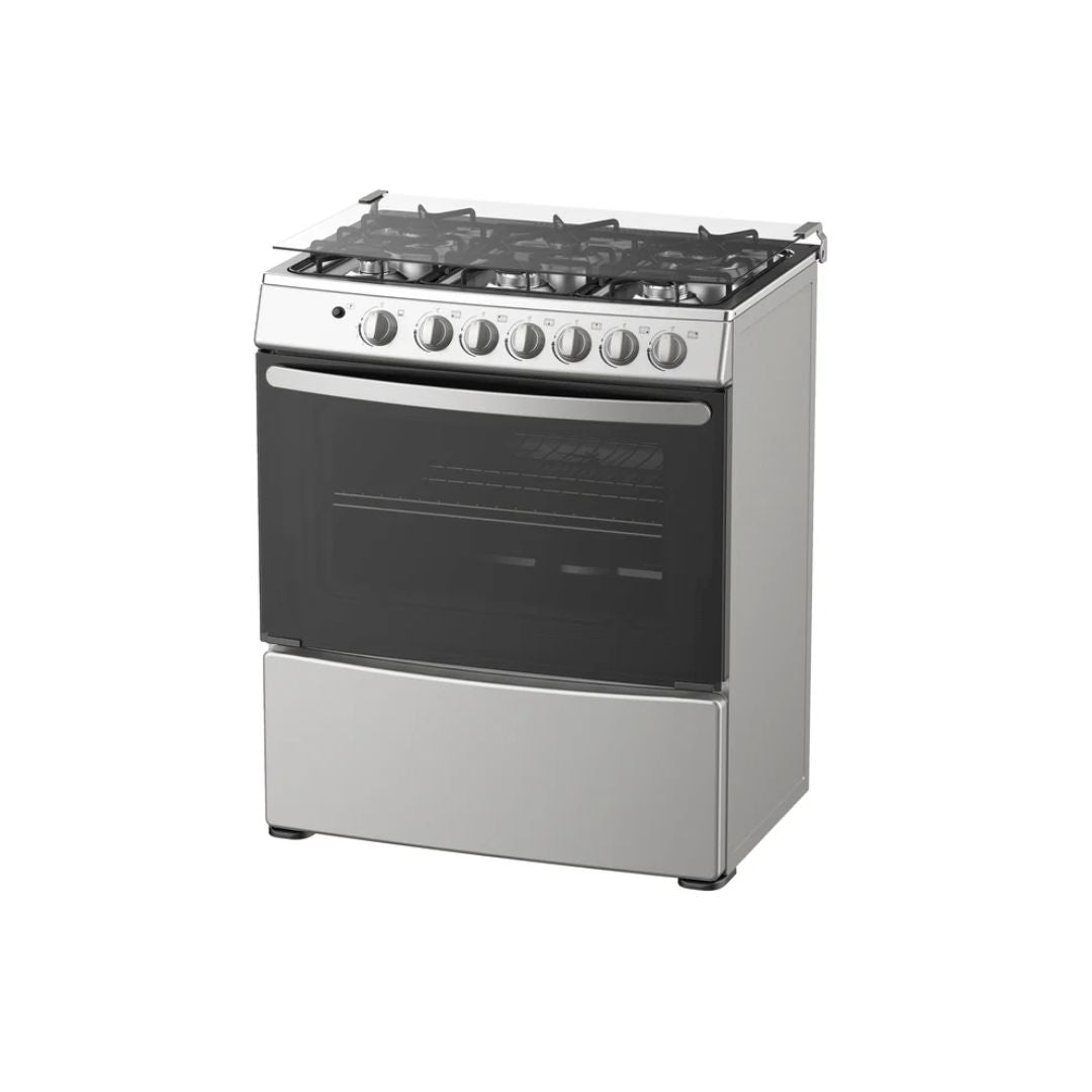 Cocina a Gas 6 Hornillas Tapa de Vidrio Encendido Eléctrico Acero Inox Omega