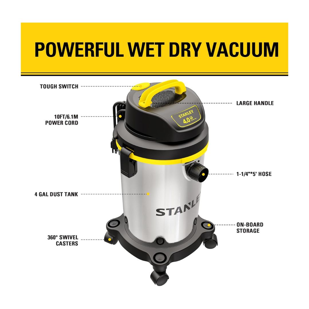 Aspiradora Húmeda y Seco 15 Litros 4HP Portátil Acero Inoxidable Stanley