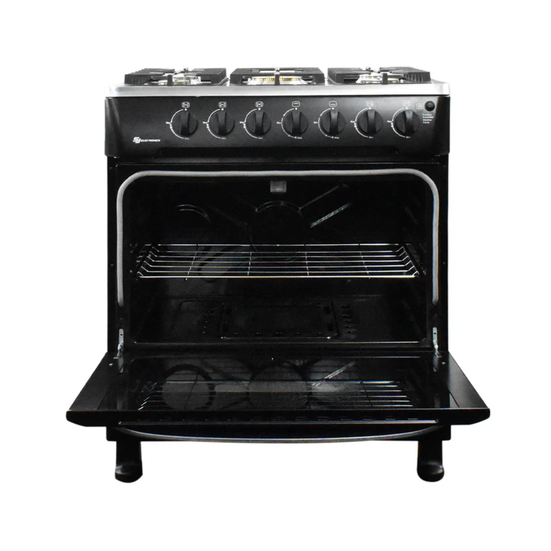 COCINA 76 CM NEGRA 5H + ENCENDIDO ELECTRICO + TAPA DE VIDRIO SJ ELECTRONICS
