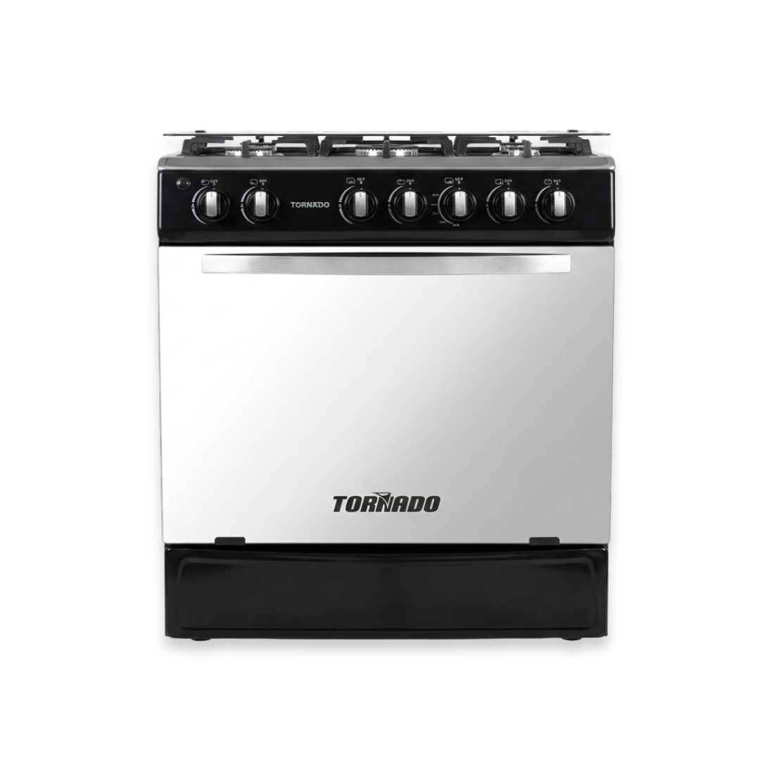 Cocina a Gas 30" 6 Hornillas Negra Con Tapa de Vidrio +Encendido Tornado