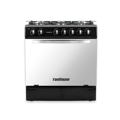 Cocina a Gas 30" 6 Hornillas Negra Con Tapa de Vidrio +Encendido Tornado