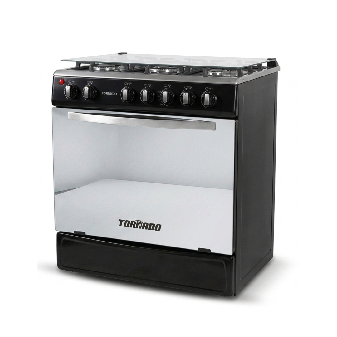 Cocina a Gas 30" 6 Hornillas Negra Con Tapa de Vidrio + Encendido TORNADO