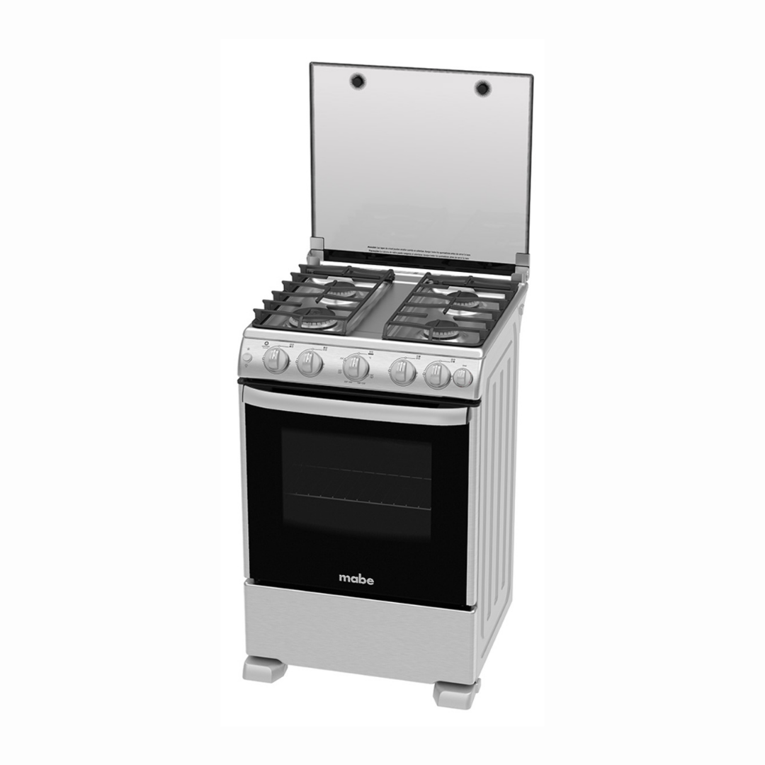 Cocina a Gas al Piso 60cm 4h acero/inox con Encendido y Tapa de Vidirio Mabe