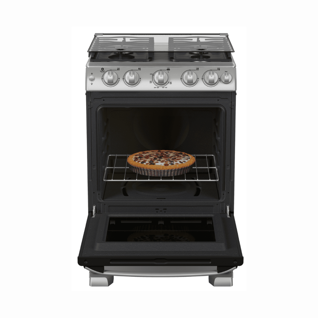 Cocina a Gas al Piso 60cm 4h acero/inox con Encendido y Tapa de Vidirio Mabe