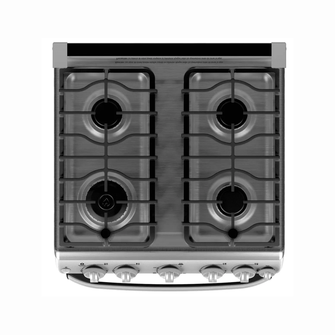 Cocina a Gas al Piso 60cm 4h acero/inox con Encendido y Tapa de Vidirio Mabe
