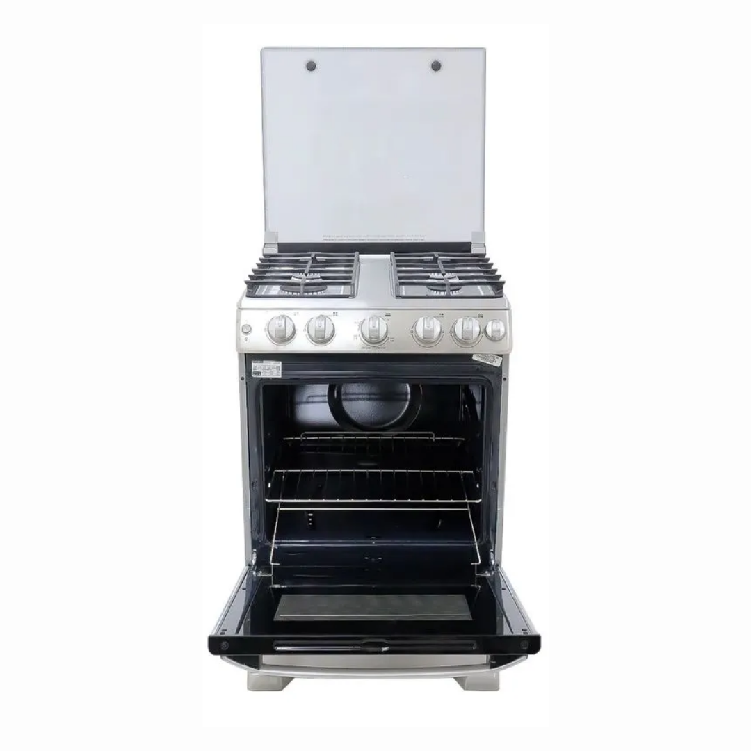 Cocina a Gas al Piso 60cm 4h acero/inox con Encendido y Tapa de Vidirio Mabe